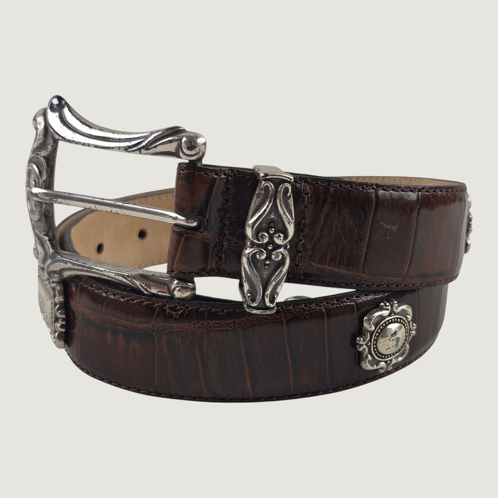 Vintage Fossil Croco Embossed Leather Brown Western Belt Silver Tone Concho Sz M